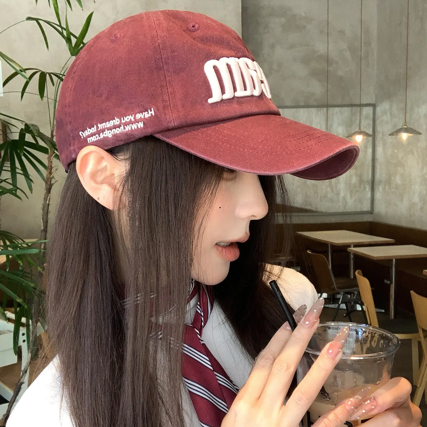 Women Letter Embroidered Baseball Cap Cream Wide Brim