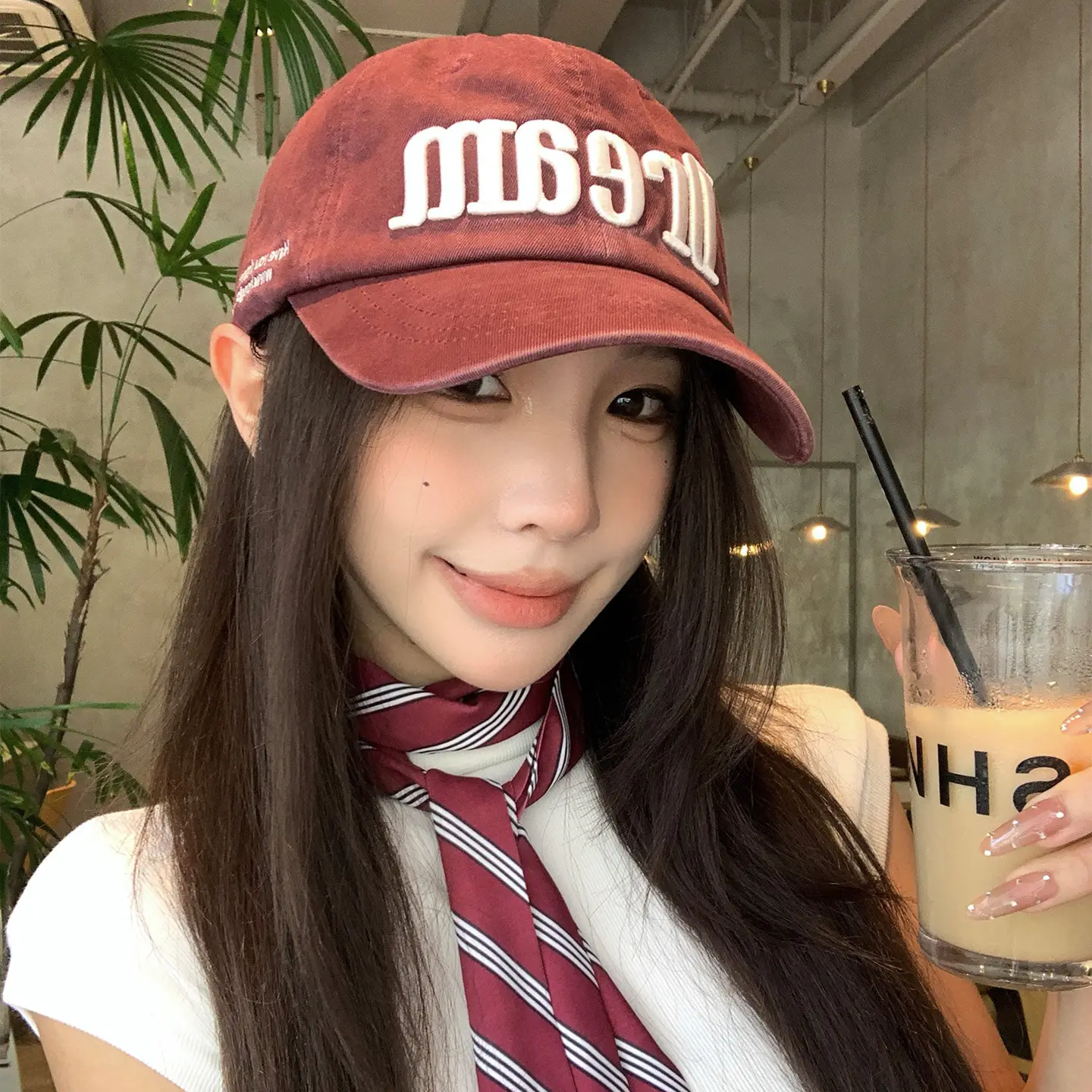 Women Letter Embroidered Baseball Cap Cream Wide Brim