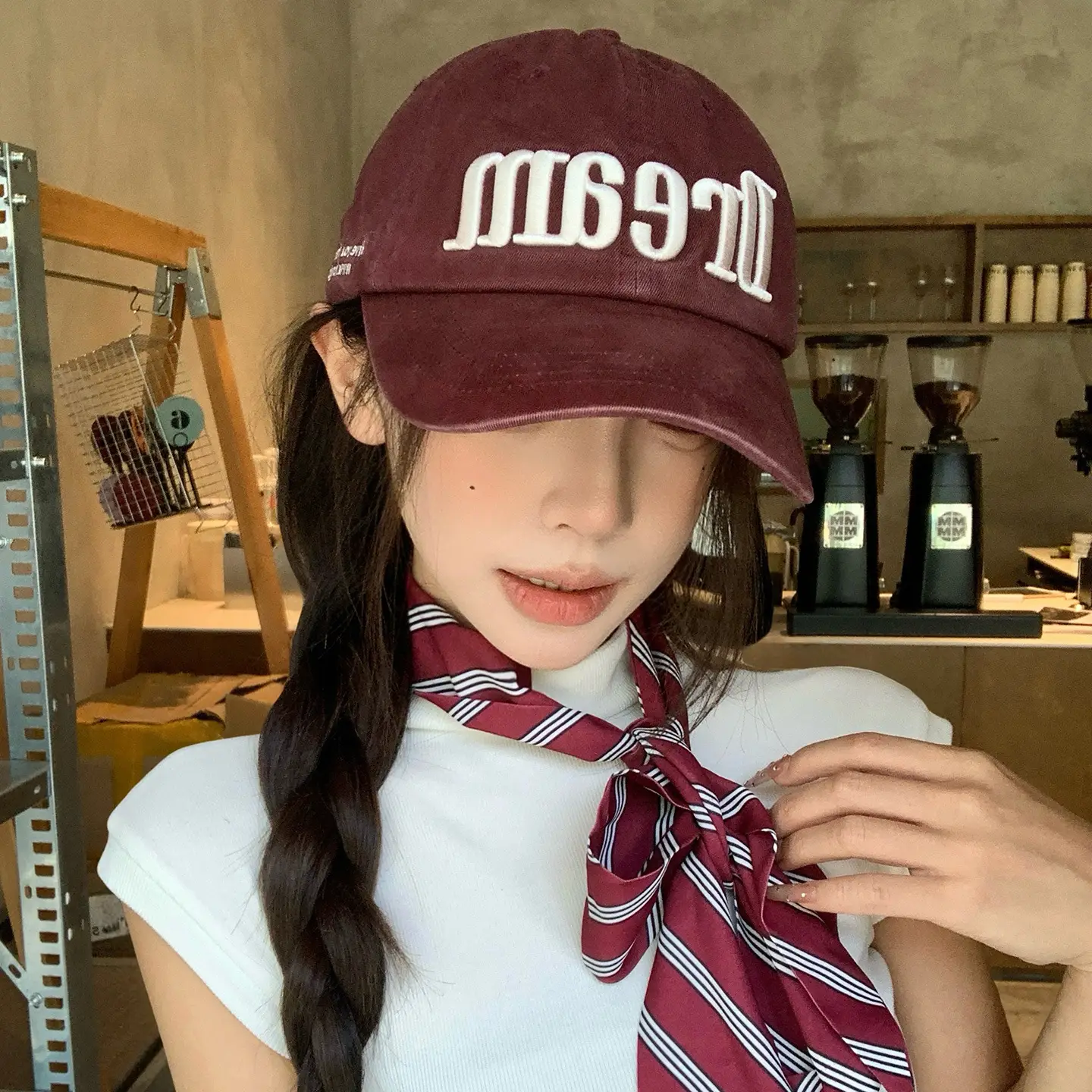 Women Letter Embroidered Baseball Cap Cream Wide Brim