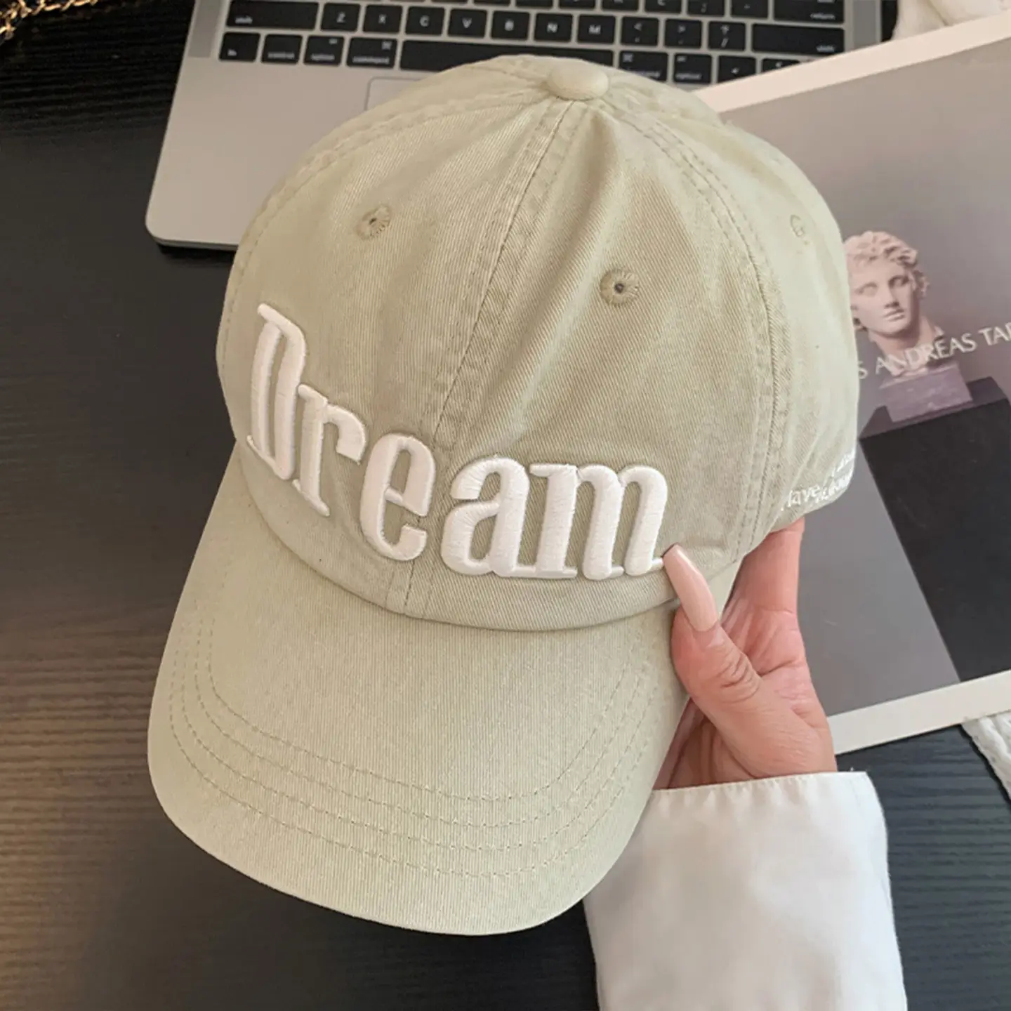 Women Letter Embroidered Baseball Cap Cream Wide Brim