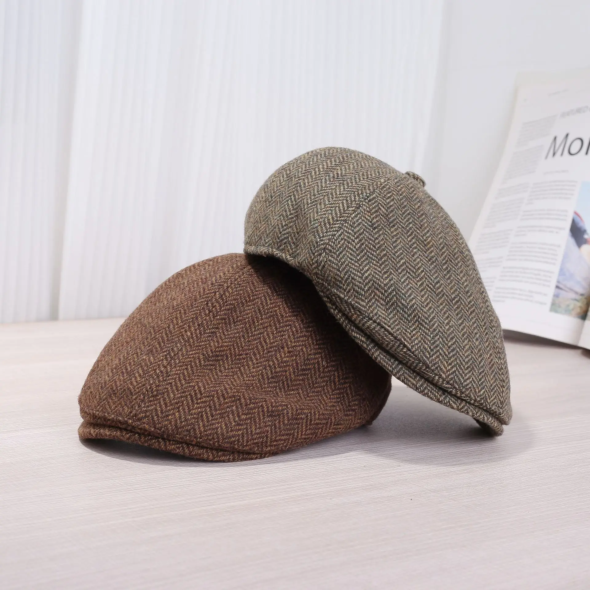 Women Duckbill Cap Autumn Winter Retro Brown Grey - Image 6