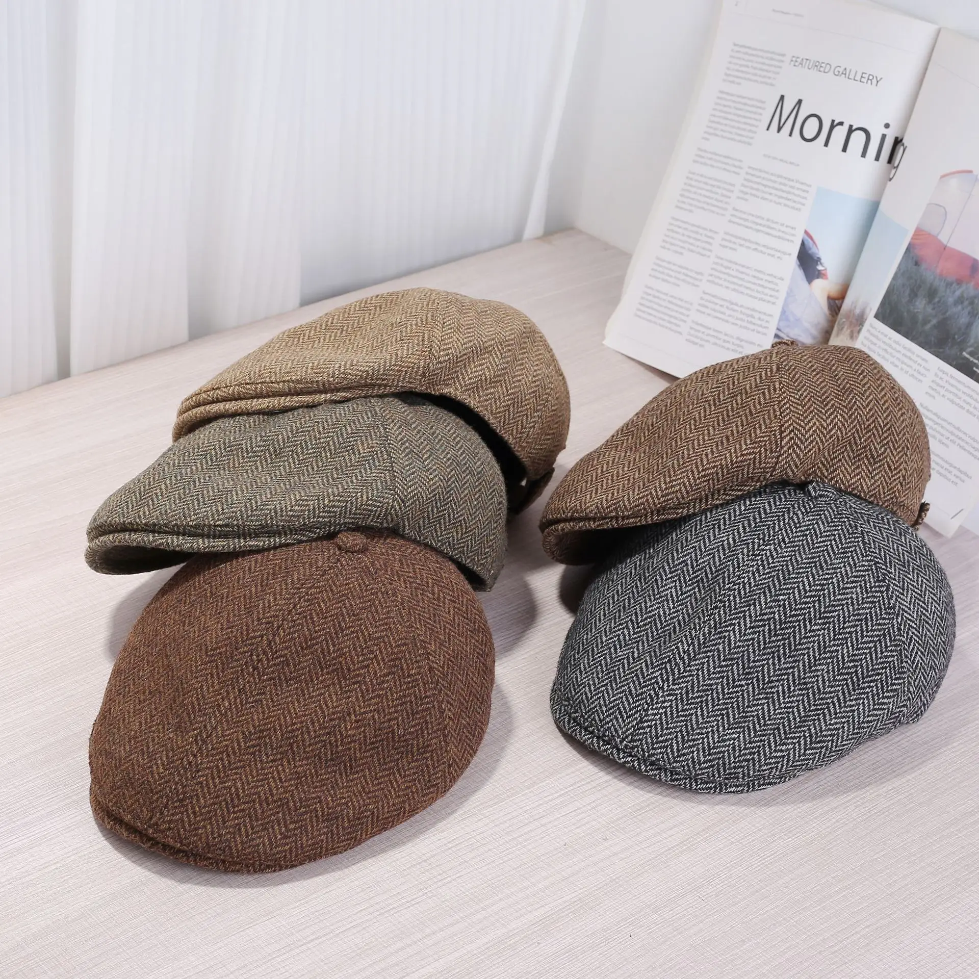 Women Duckbill Cap Autumn Winter Retro Brown Grey - Image 7