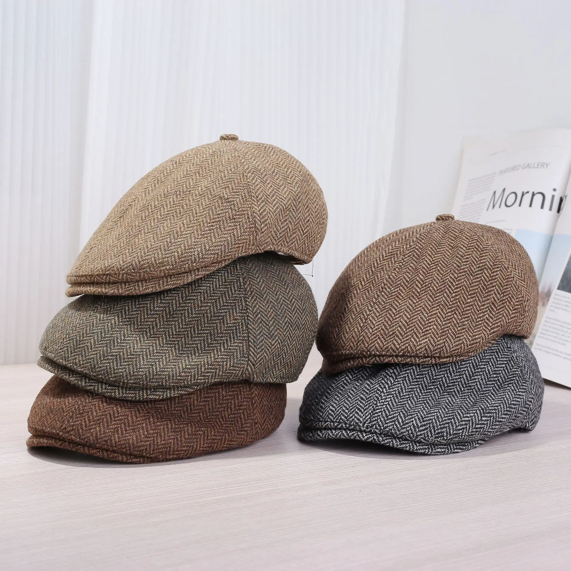 Women Duckbill Cap Autumn Winter Retro Brown Grey — feature 11