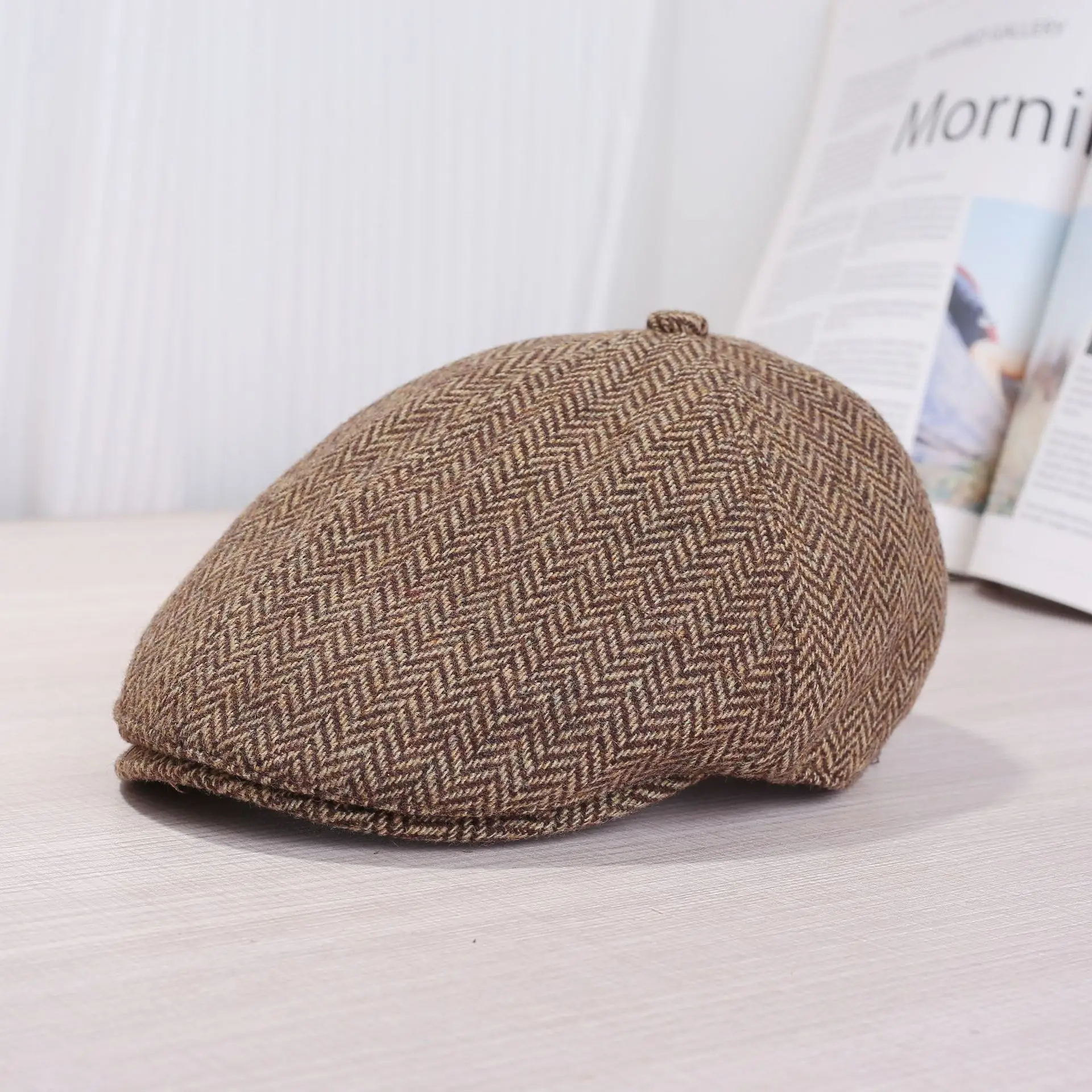 Women Duckbill Cap Autumn Winter Retro Brown Grey - Image 3