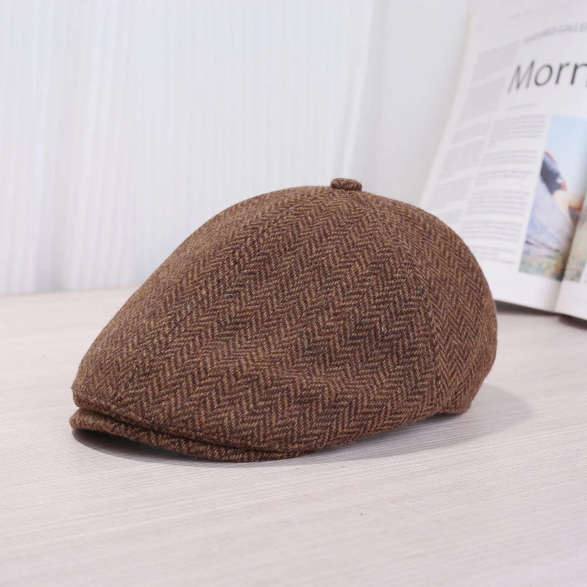 Women Duckbill Cap Autumn Winter Retro Brown Grey - Image 5