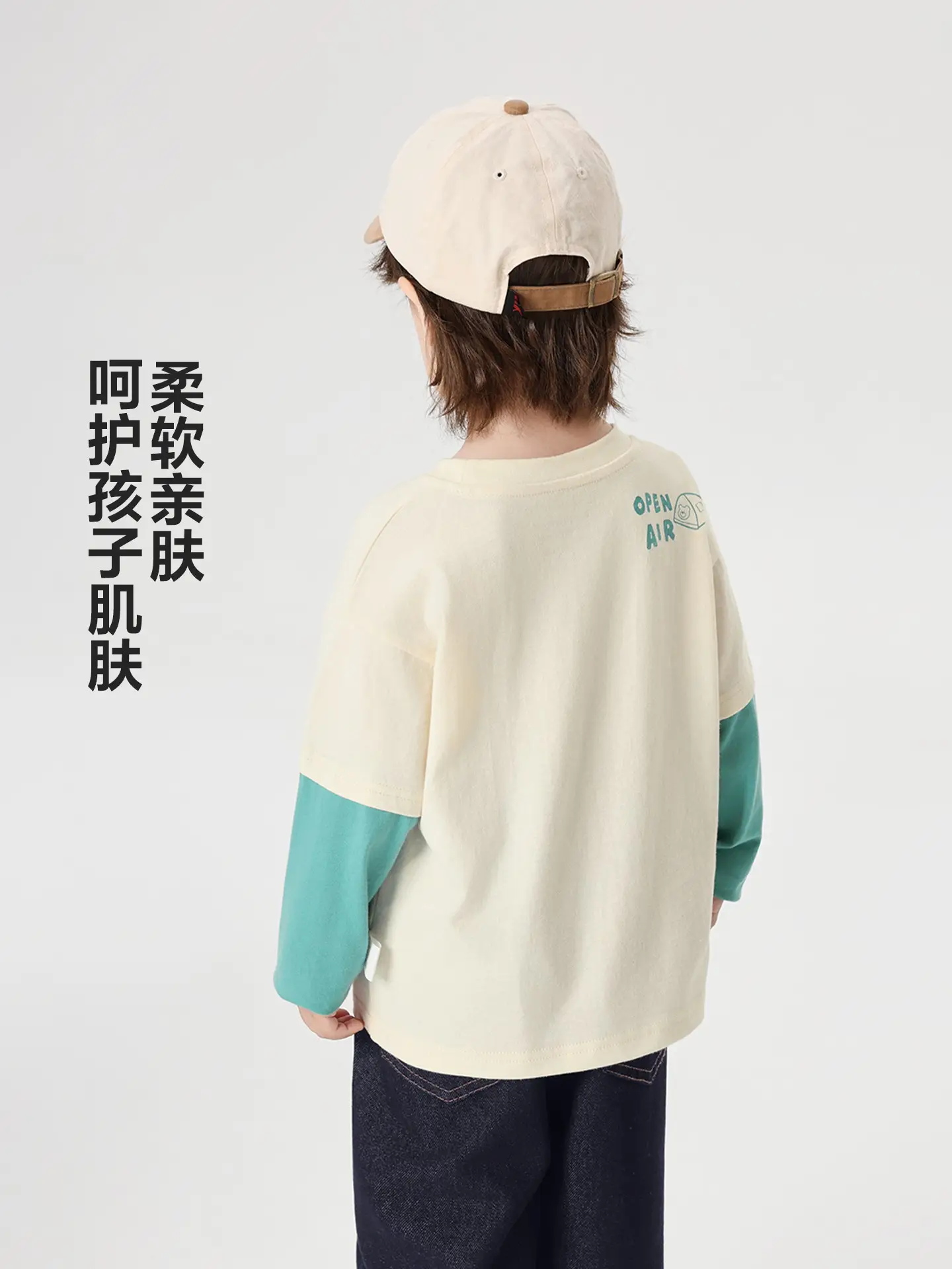 Girls Cotton Long Sleeve T-Shirt Cream Teal Spring Outfit - Image 3