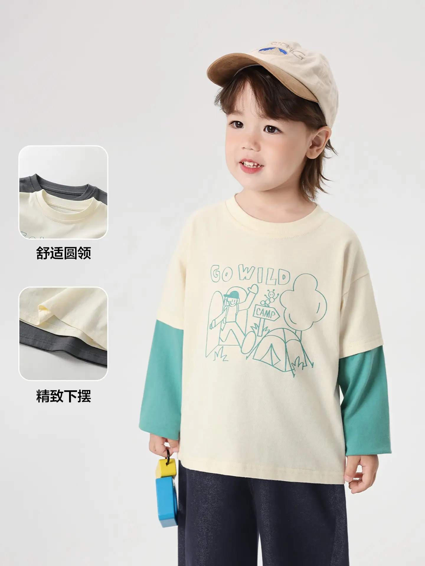 Girls Cotton Long Sleeve T-Shirt Cream Teal Spring Outfit - Image 4