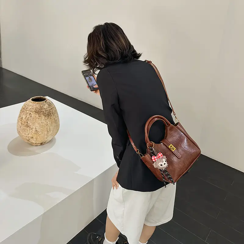 Women's Brown Leather Shoulder Bag with Cute Charm - Image 5
