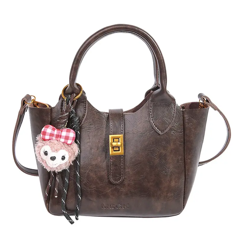 Women's Brown Leather Shoulder Bag with Cute Charm - Image 8