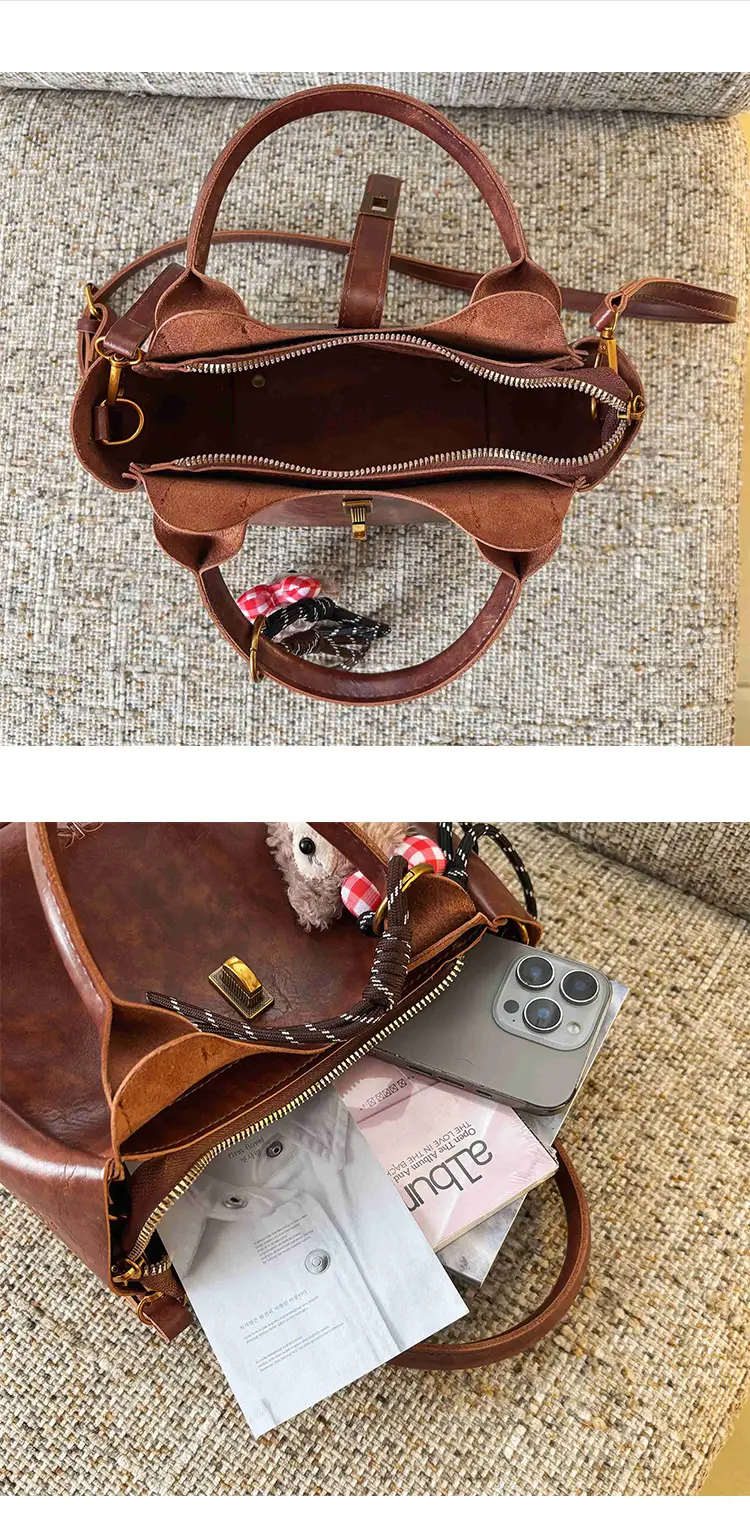 Women's Brown Leather Shoulder Bag with Cute Charm — feature 10