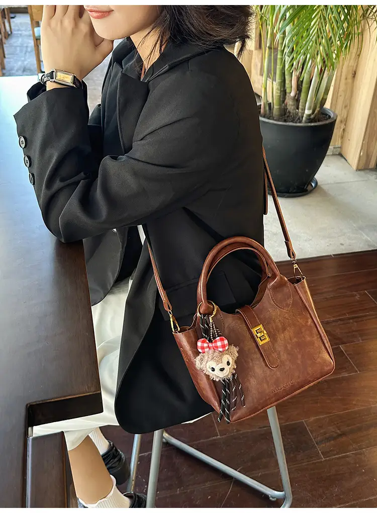 Women's Brown Leather Shoulder Bag with Cute Charm — feature 13