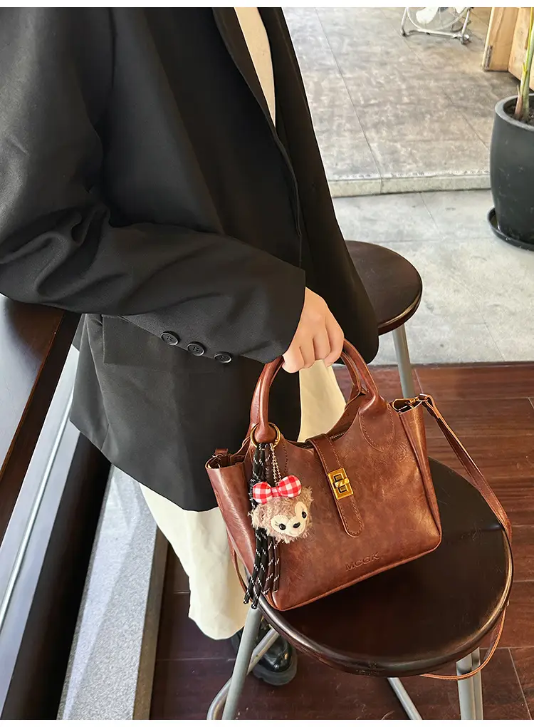 Women's Brown Leather Shoulder Bag with Cute Charm — feature 14