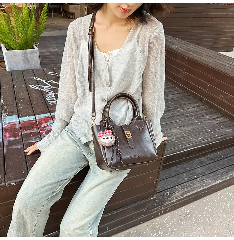 Women's Brown Leather Shoulder Bag with Cute Charm — feature 19