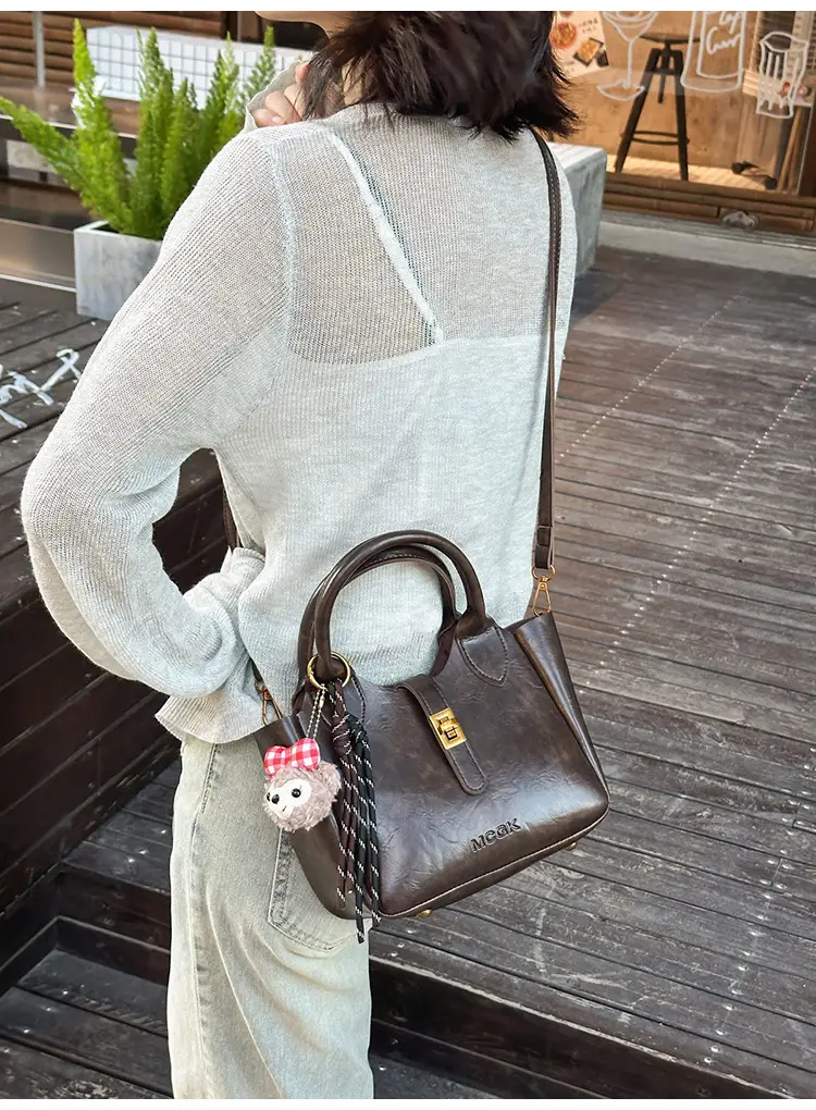 Women's Brown Leather Shoulder Bag with Cute Charm — feature 21