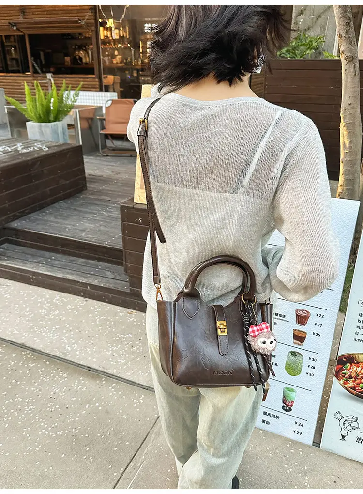 Women's Brown Leather Shoulder Bag with Cute Charm — feature 22