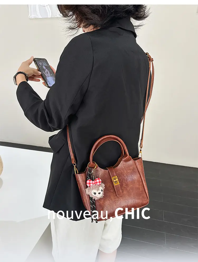 Women's Brown Leather Shoulder Bag with Cute Charm — feature 3