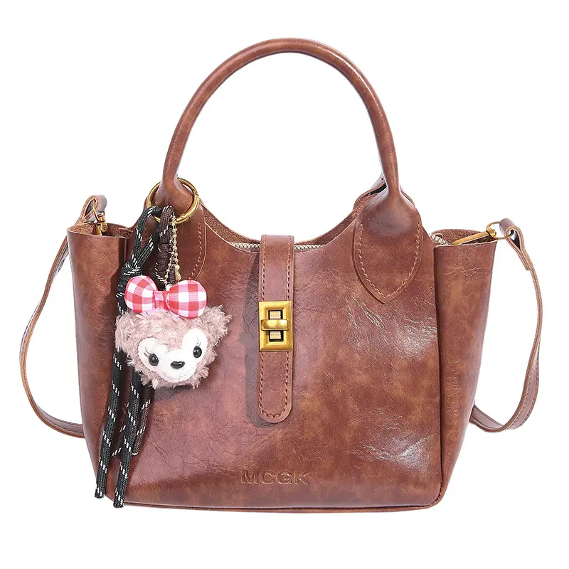 Women's Brown Leather Shoulder Bag with Cute Charm - Image 2