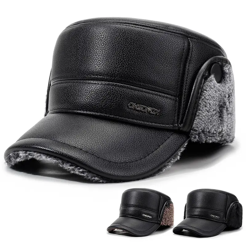 Men's Black Leather Winter Ear Protection Hat - Image 4