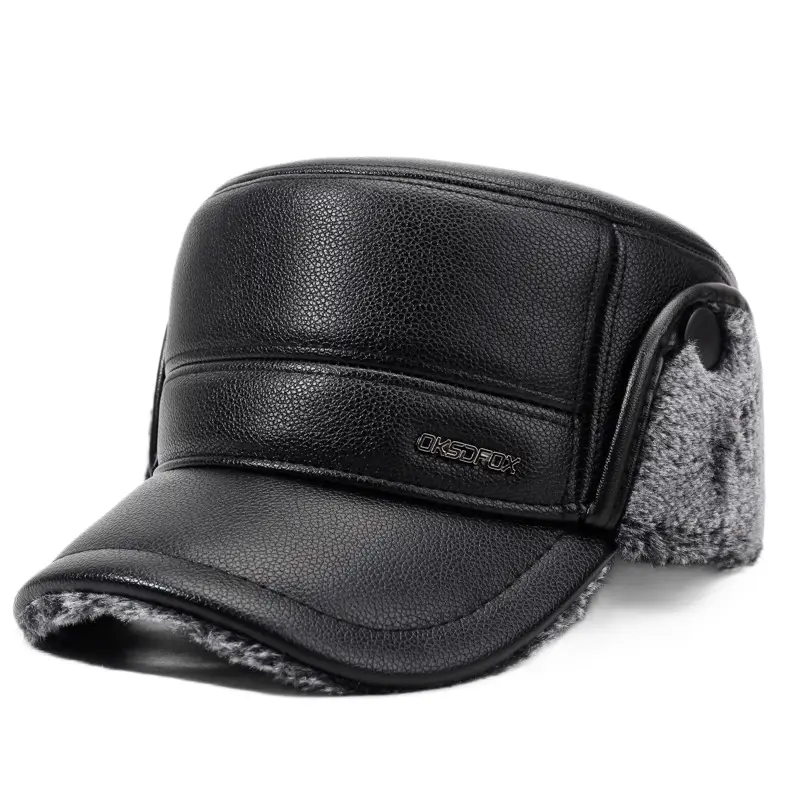 Men's Black Leather Winter Ear Protection Hat - Image 8