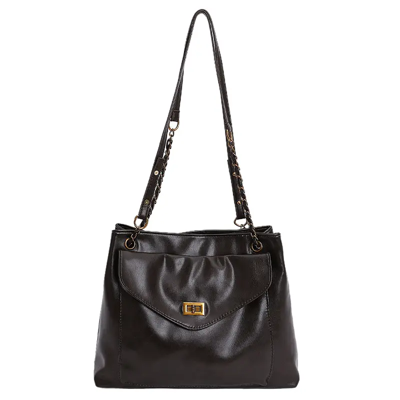 Black Leather Shoulder Bag with Gold Chain - Image 6