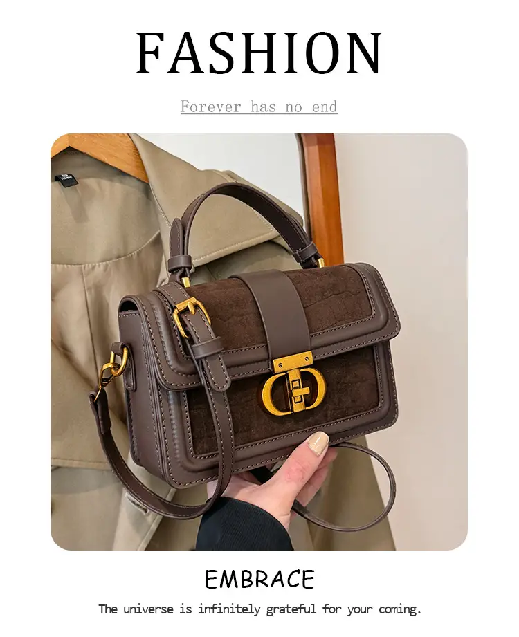 Retro Square Handbag Brown Leather Gold Clasp — feature 1