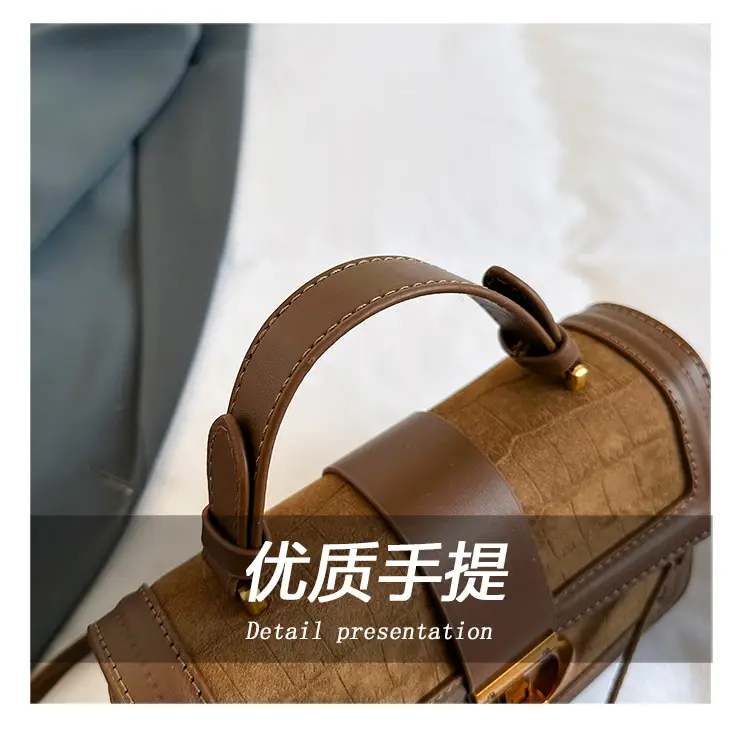 Retro Square Handbag Brown Leather Gold Clasp — feature 6