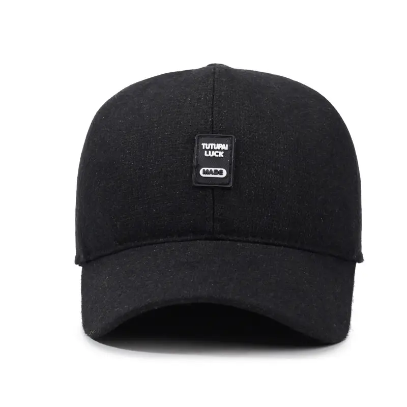 Men's Black Wool Baseball Cap with Ear Protection