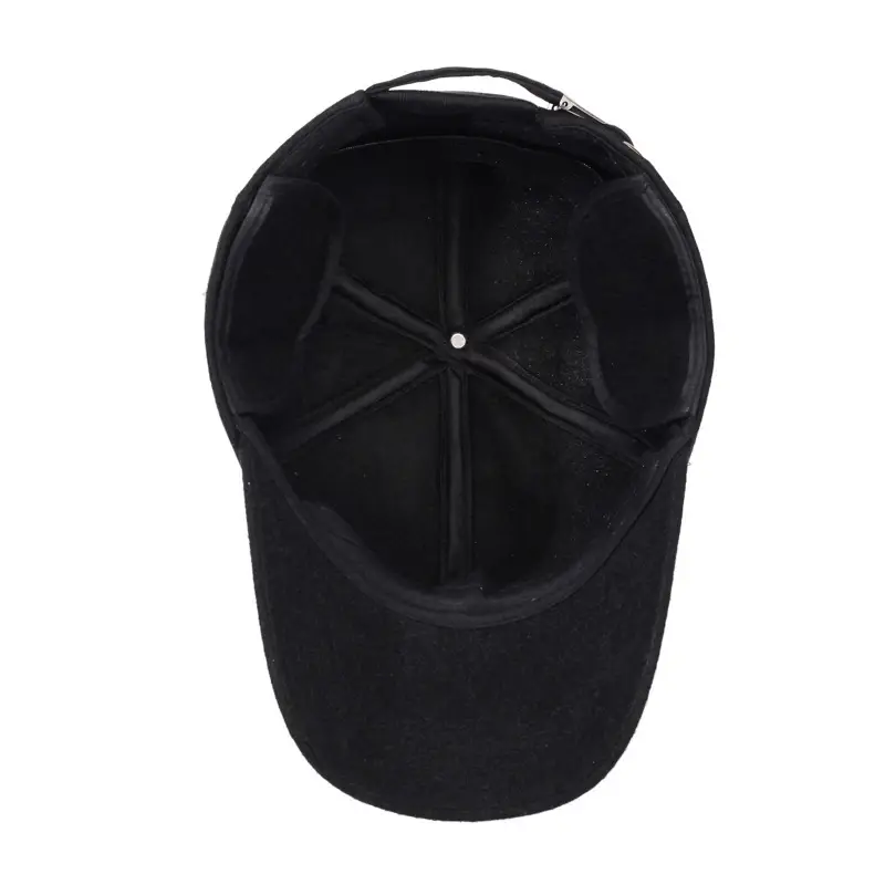 Men's Black Wool Baseball Cap with Ear Protection