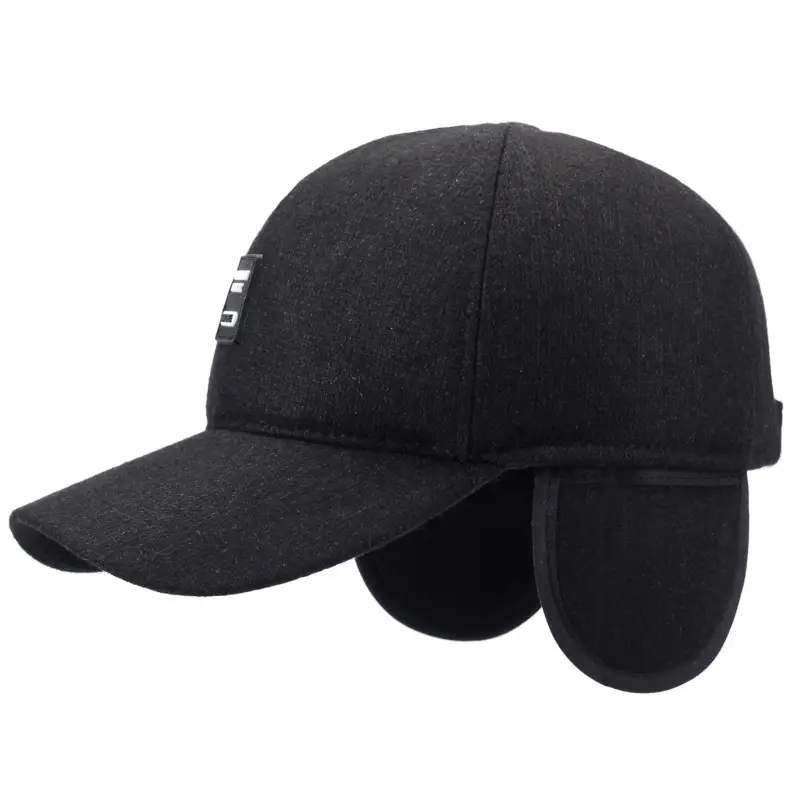 Men's Black Wool Baseball Cap with Ear Protection