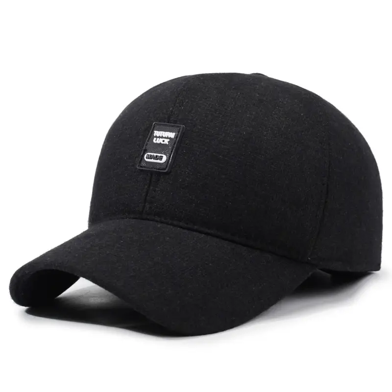 Men's Black Wool Baseball Cap with Ear Protection