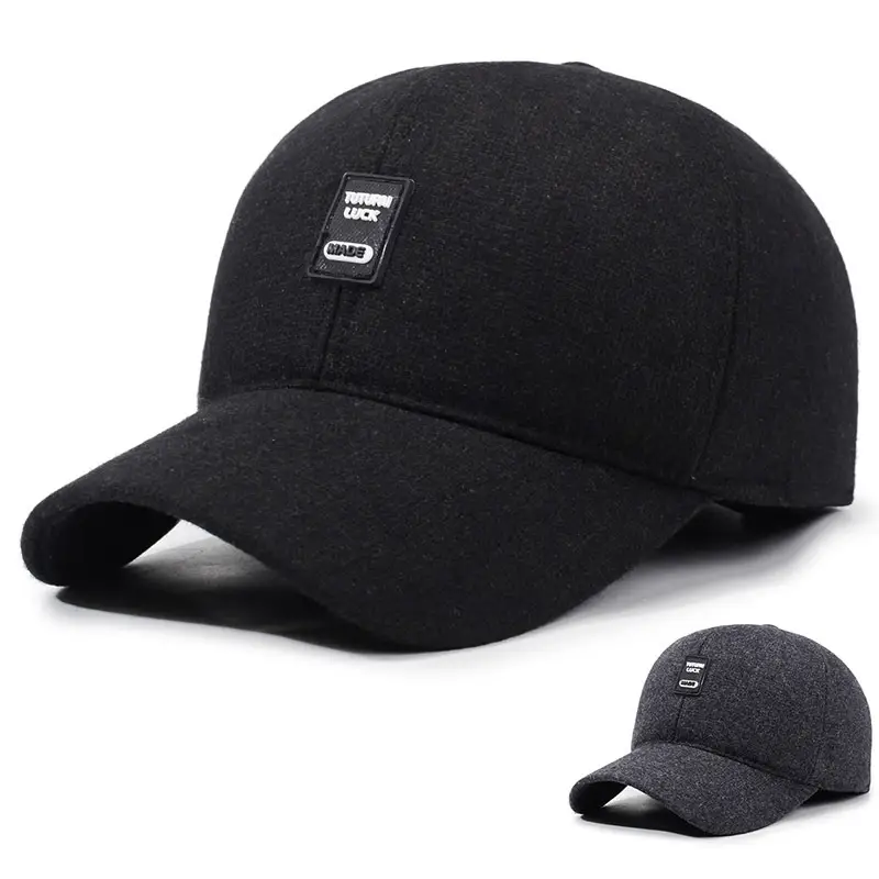 Men's Black Wool Baseball Cap with Ear Protection — feature 1
