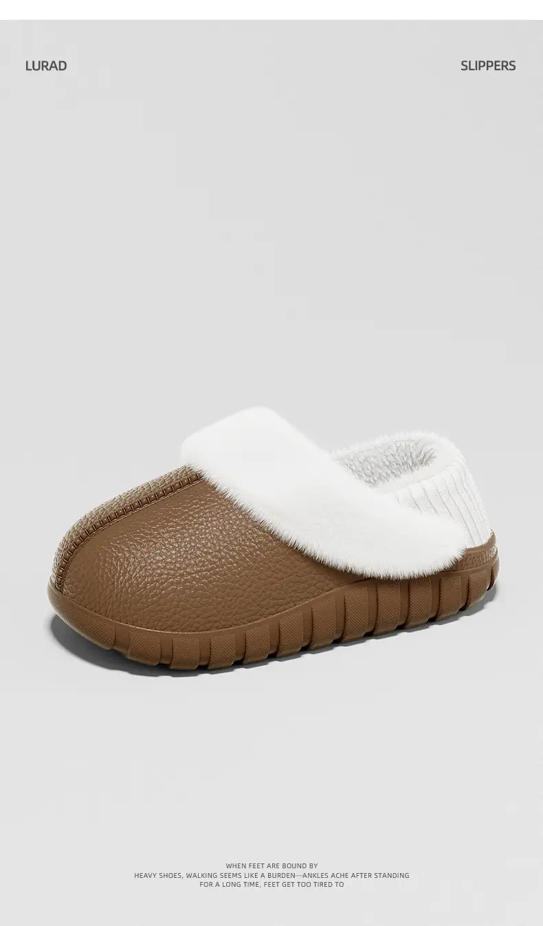 Covered Heel Eva Leather Pattern Cotton Slippers for Men and Women Waterproof Plush Autumn and Winter Indoor Warm Non-Slip Home and Outdoor Cotton Shoes — feature 9