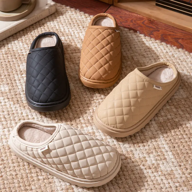 Waterproof Cotton Slippers Women Winter Warm Indoor Home Shoes Pu Lightweight Stuffed Slippers Non-Slip Thick Ladies Cotton Shoes