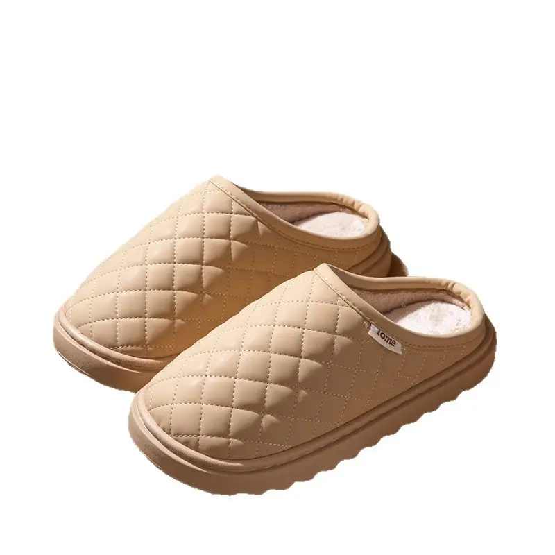 Waterproof Cotton Slippers Women Winter Warm Indoor Home Shoes Pu Lightweight Stuffed Slippers Non-Slip Thick Ladies Cotton Shoes
