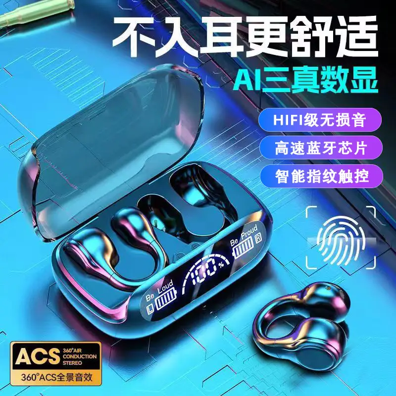 Cross-Border Popular U5 Bone Conduction Wireless Bluetooth Headset, Non-In-Ear, Smart Digital Display, Noise Reduction, Sports Ear Clip Type for Men and Women