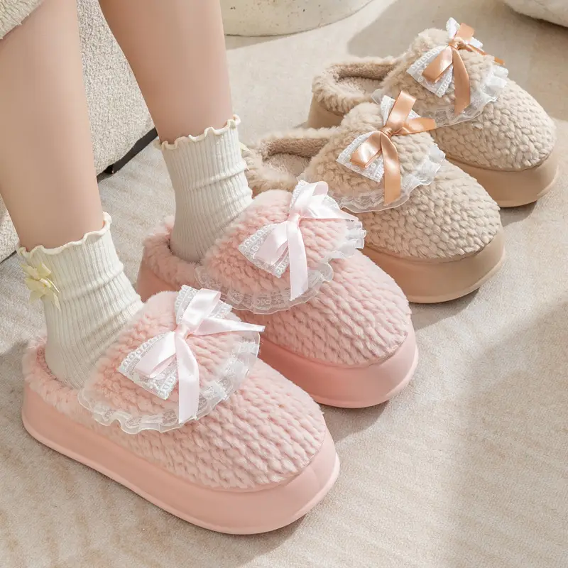 Thick-Soled Cotton Slippers for Women, Winter Home Internet Celebrity, Cute Bow Furry Slippers, Winter Warm, Soft Sole and Comfortable - Image 5