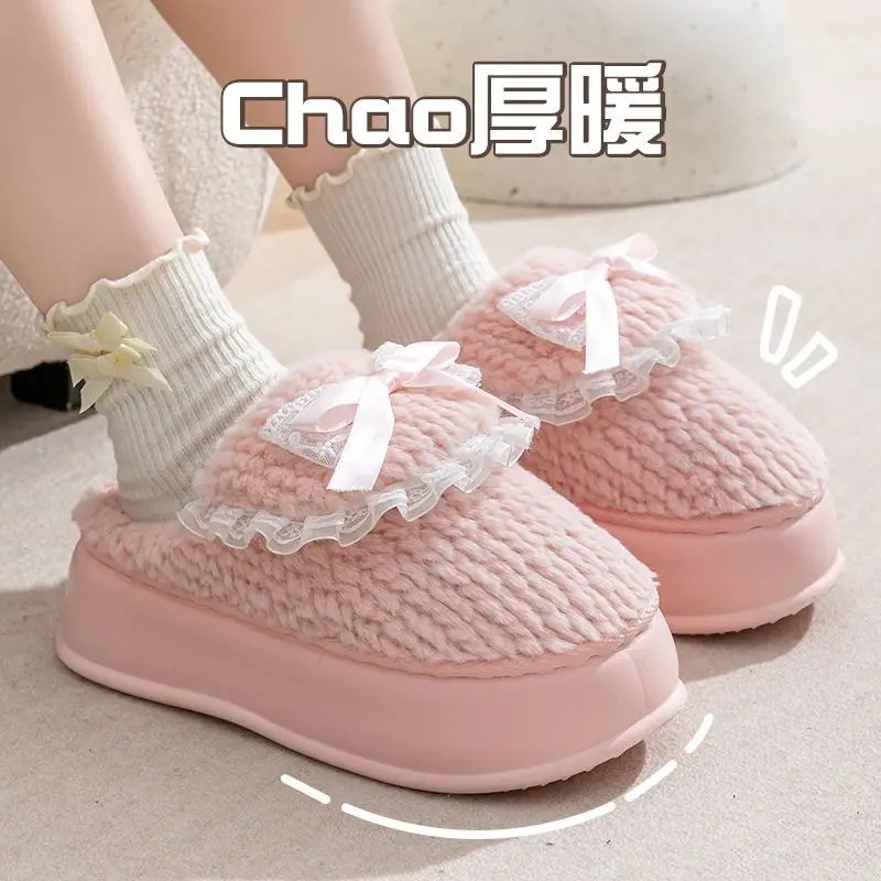 Thick-Soled Cotton Slippers for Women, Winter Home Internet Celebrity, Cute Bow Furry Slippers, Winter Warm, Soft Sole and Comfortable - Image 6