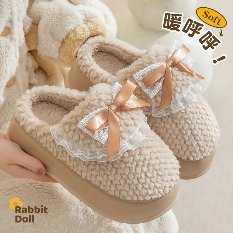 Thick-Soled Cotton Slippers for Women, Winter Home Internet Celebrity, Cute Bow Furry Slippers, Winter Warm, Soft Sole and Comfortable - Image 7