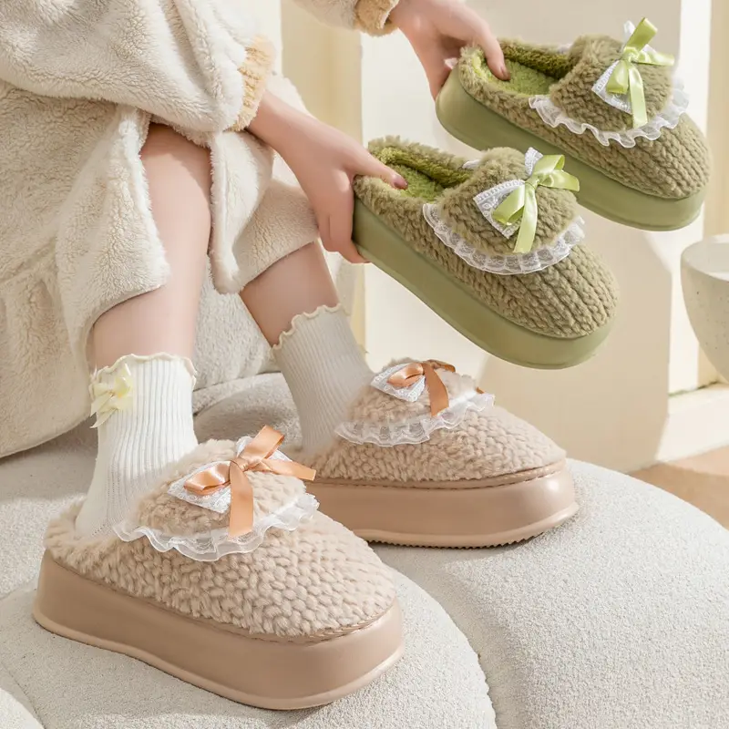 Thick-Soled Cotton Slippers for Women, Winter Home Internet Celebrity, Cute Bow Furry Slippers, Winter Warm, Soft Sole and Comfortable - Image 8