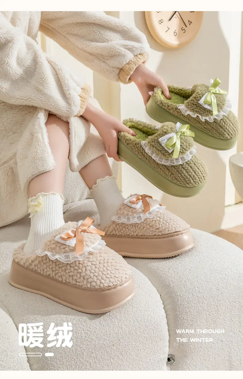 Thick-Soled Cotton Slippers for Women, Winter Home Internet Celebrity, Cute Bow Furry Slippers, Winter Warm, Soft Sole and Comfortable — feature 11