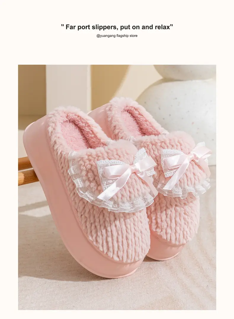 Thick-Soled Cotton Slippers for Women, Winter Home Internet Celebrity, Cute Bow Furry Slippers, Winter Warm, Soft Sole and Comfortable — feature 12
