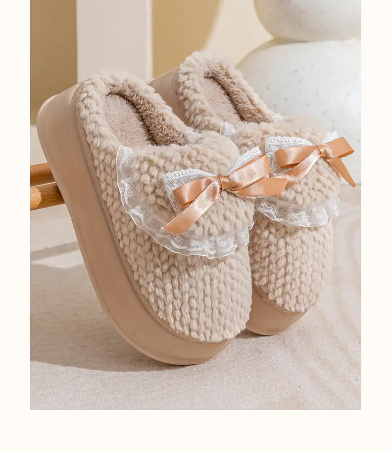 Thick-Soled Cotton Slippers for Women, Winter Home Internet Celebrity, Cute Bow Furry Slippers, Winter Warm, Soft Sole and Comfortable — feature 13