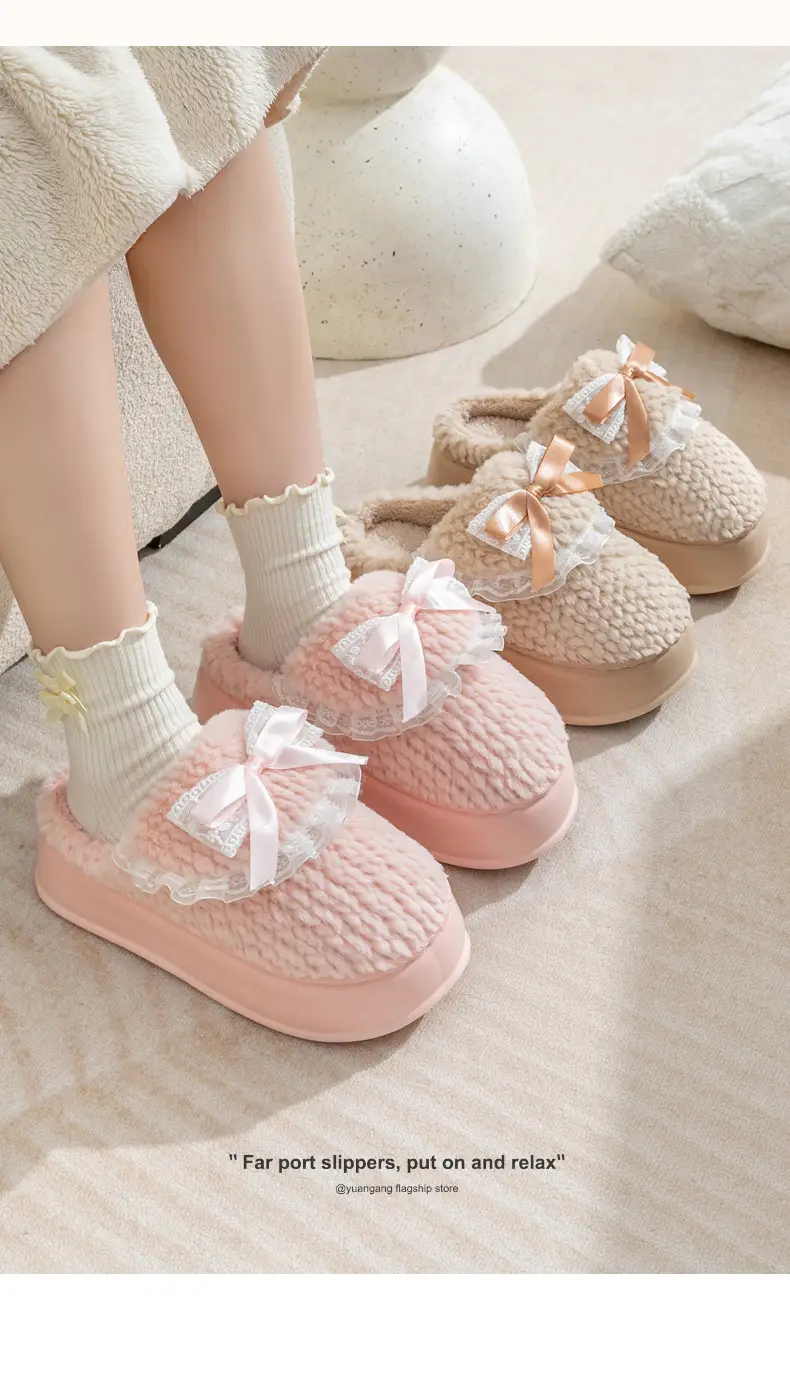 Thick-Soled Cotton Slippers for Women, Winter Home Internet Celebrity, Cute Bow Furry Slippers, Winter Warm, Soft Sole and Comfortable — feature 14