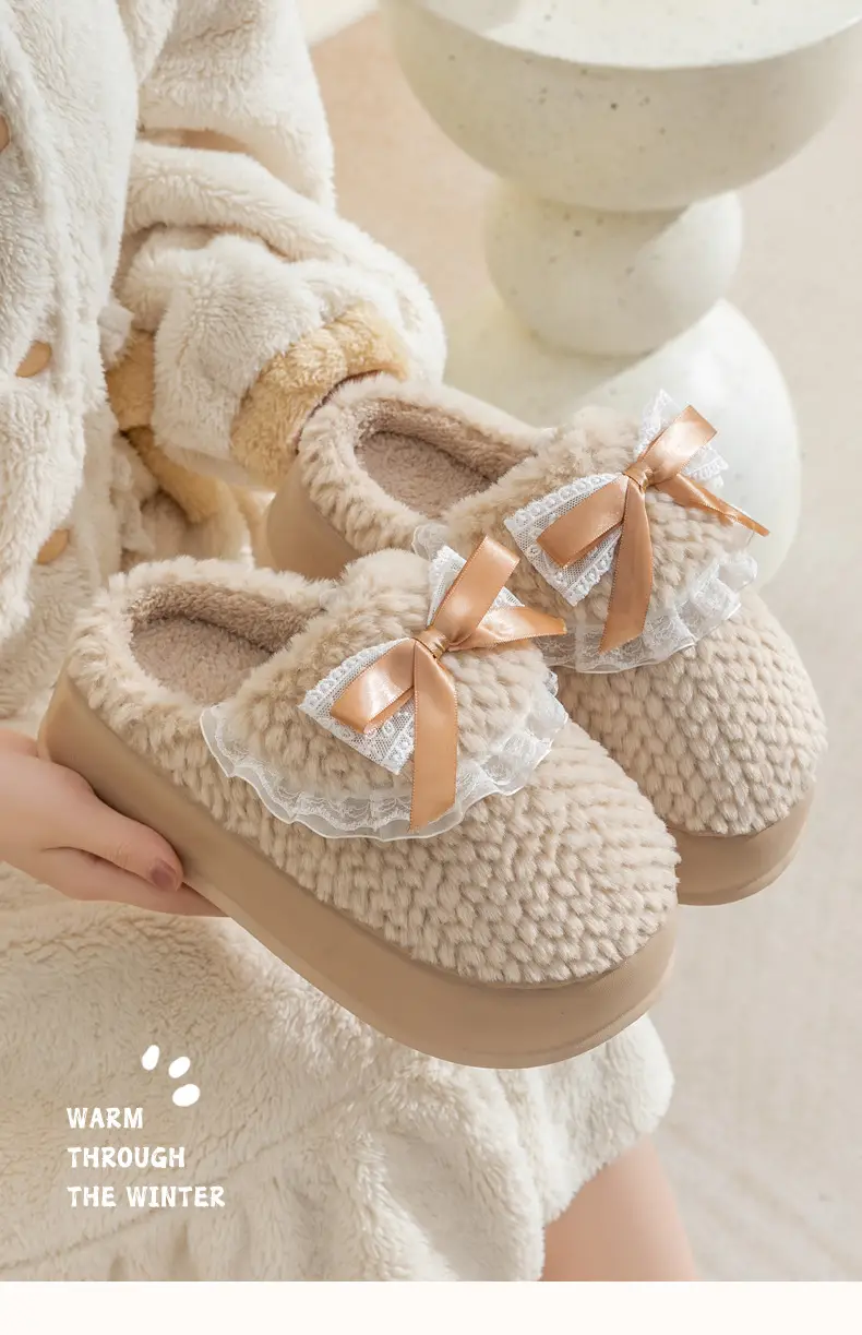 Thick-Soled Cotton Slippers for Women, Winter Home Internet Celebrity, Cute Bow Furry Slippers, Winter Warm, Soft Sole and Comfortable — feature 9