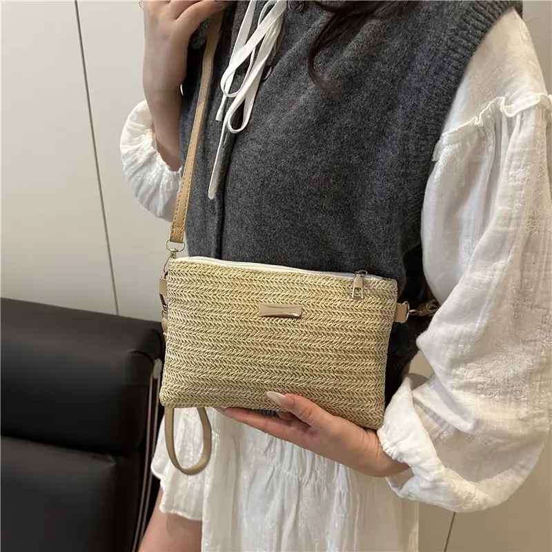 Women Woven Crossbody Bag White Square Design - Image 4