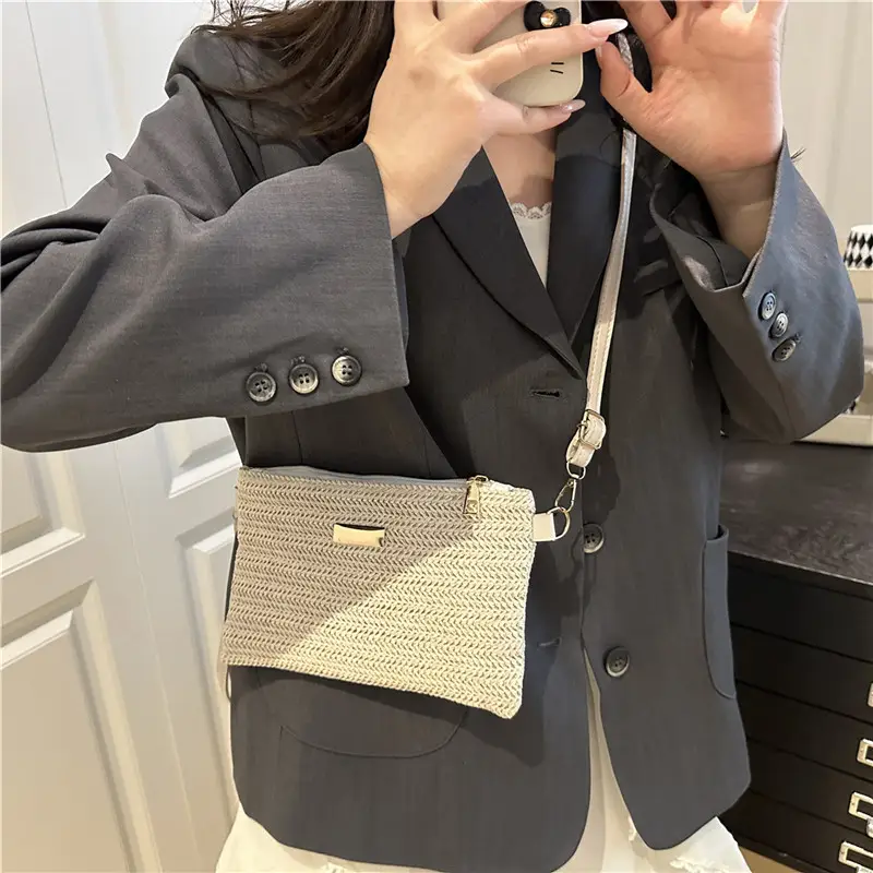 Women Woven Crossbody Bag White Square Design - Image 5