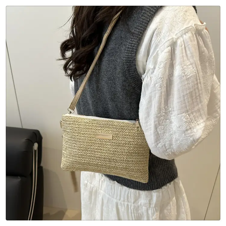 Women Woven Crossbody Bag White Square Design — feature 10