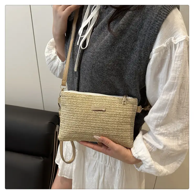 Women Woven Crossbody Bag White Square Design — feature 12