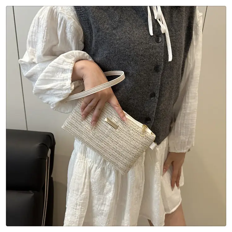 Women Woven Crossbody Bag White Square Design — feature 15