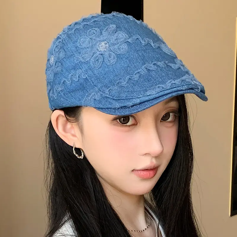 Blue Embroidered Flower Beret for Women Spring Summer — feature 2
